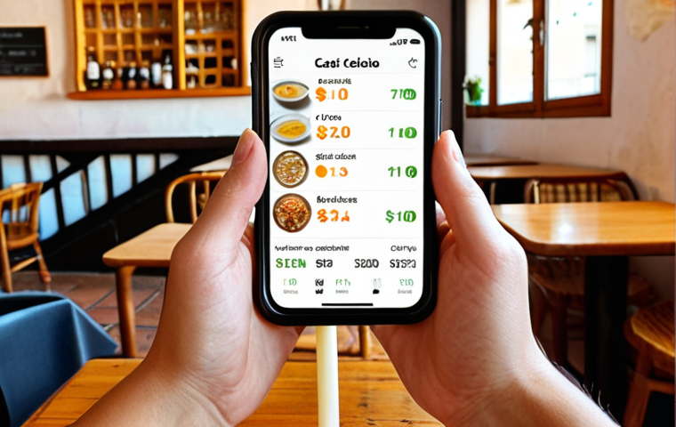 A person meticulously tracking their expenses in a mobile app while enjoying a café con leche at a typical Spanish cafe, showcasing mindful spending habits. The app displays categories like "Comida," "Transporte," and "Ocio," with amounts spent in euros (€).