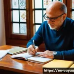 Home 20 가치 기반 재정계획의 효과적인 실행 전략 - A warm, inviting home office scene with a middle-aged Spanish man thoughtfully writing in a journal,...
