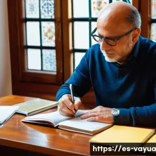 Home 32 가치 기반 재정계획의 효과적인 실행 전략 - A warm, inviting home office scene with a middle-aged Spanish man thoughtfully writing in a journal,...