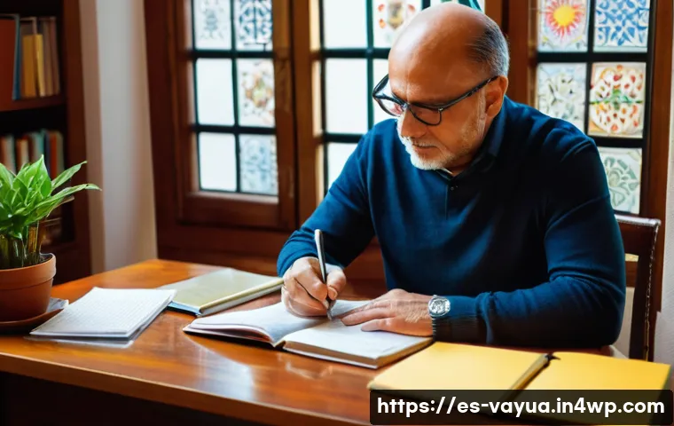 가치 기반 재정계획의 효과적인 실행 전략 - A warm, inviting home office scene with a middle-aged Spanish man thoughtfully writing in a journal,...