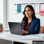 Home 23 가치 기반 재정계획에서의 시간 관리 - A modern home office scene featuring a young Hispanic professional woman in modest business casual a...