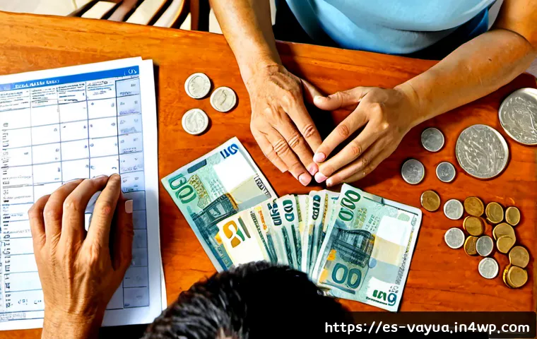 Home 17 가치 기반 재정계획 수립을 위한 도구 소개 - Photorealistic overhead view of a Spanish-speaking household financial planning session at a sunlit ...