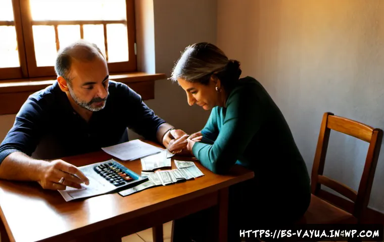 재정 계획과 가치관의 관계 - Photorealistic warm home office scene in Spain, a middle-aged Spanish couple calmly reviewing a hous...